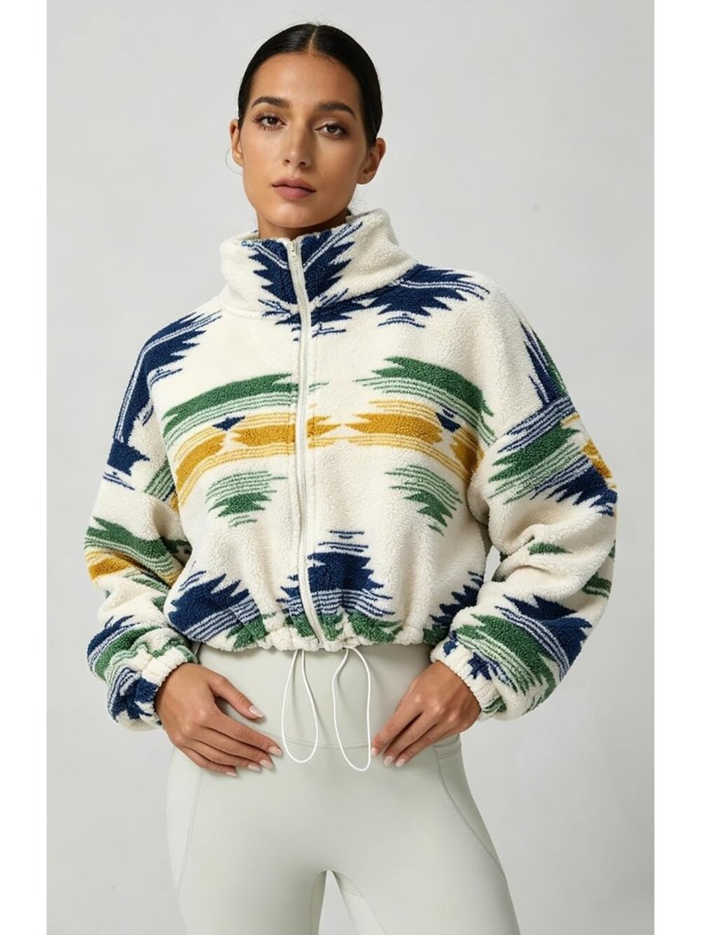 Women’s Geometry Cropped Sherpa Full Zip Warm Winter Coat Fleece Jacket - Picture 3 of 6
